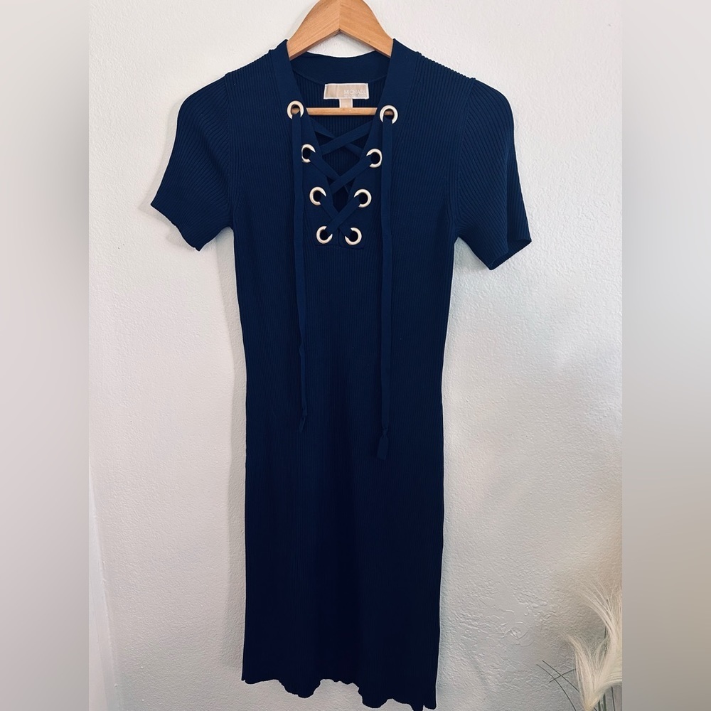 MICHAEL Michael Kors Midnight Blue Ribbed Stretch Knit Short Sleeve Dress Small